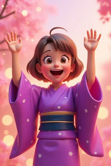 Complete details, maximum contrast ,realistically, cartoon stickers 3d ,   , Vibrant purple kimono,smile, cheerful laughter, bright glitter , Clear brown eyes ,Hands raised fingers , Brown hair on both sides ,48k,suhd.