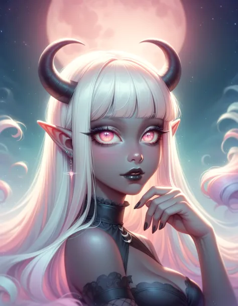 ((masterpiece)), ((highres)), ((1person)), random poses, beautifully detailed succubus girl, ((pastel moon background)), long wh...