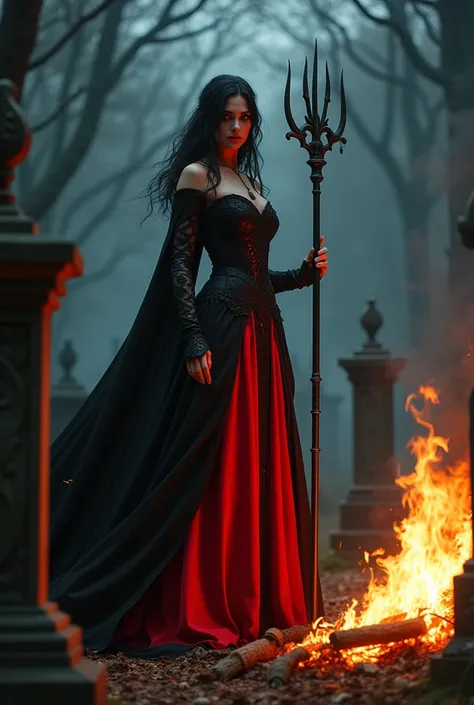 A woman in a large black and red dress with her three-pointed trident smoking cigarettes around a large bonfire inside the cemetery at night 