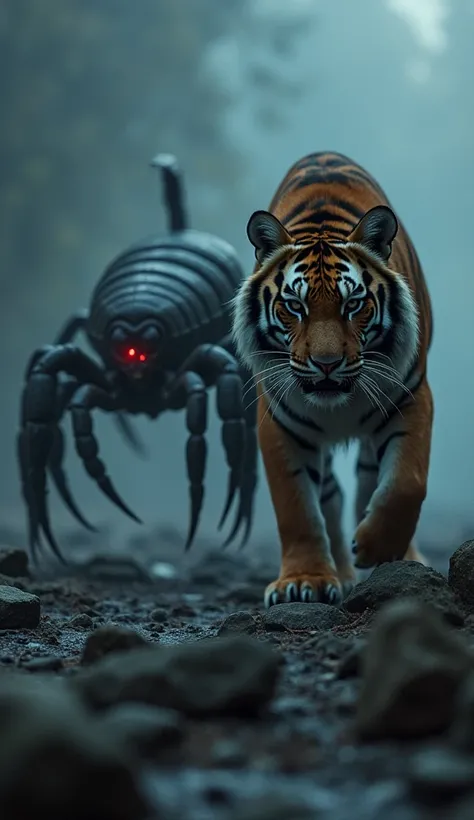 A dark cinematic HDR image of a fierce tiger prowling alongside a massive, armored scorpion. Both animals are standing on a rocky terrain surrounded by mist, illuminated by a faint, eerie red light. Shadows accentuate their muscular forms, making them appe...