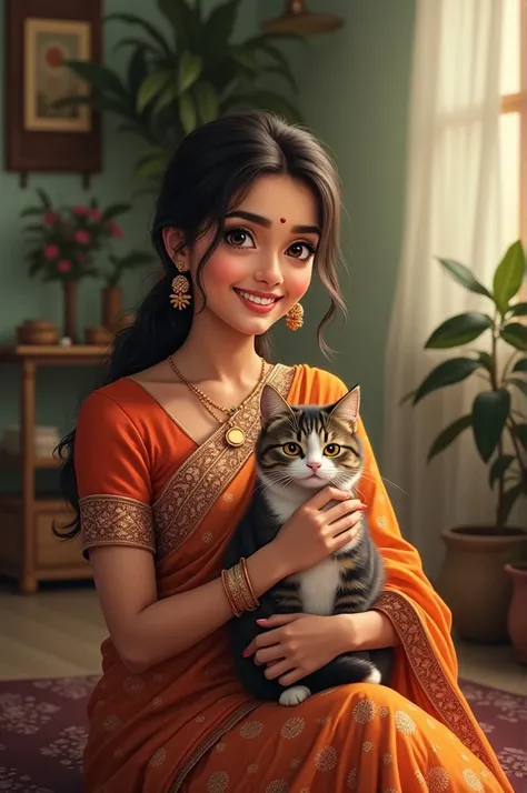 one ladies waering full saree ,garments and getting selfie with cat