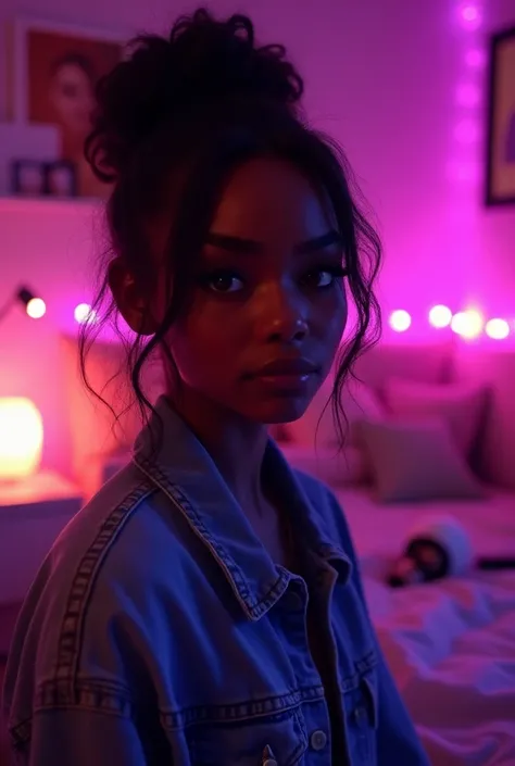 Une jeune fille noir environ 17 ans style américaine dans sa chambre avec des led allumées violet