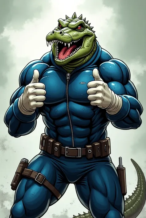 (A rugged beefy very muscular bulky snarling crocodile man), (wearing blue zipped wetsuit), thumbs up pose, wearing bulky scuba gear, muscular physique, toned muscles, fierce, heroic, action, comic artstyle, bulky best quality, wearing white rubber gloves....