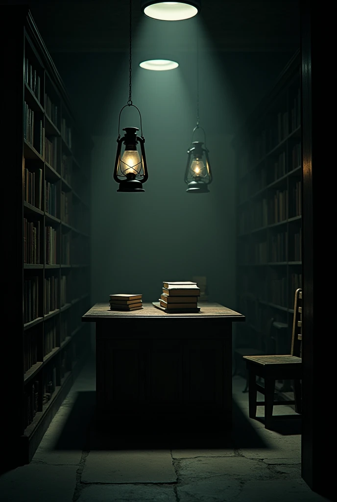  A darkroom with a bookcase . There are chairs and a dark brown work table .  Above the table is a pile of books and lanterns. 
 dark atmosphere , mysteriously creepy 