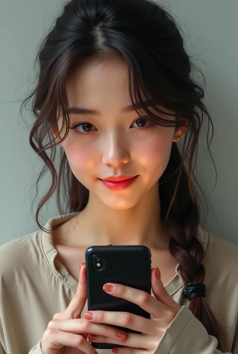 realistic-style portrait with a front-facing angle, where the mobile phone partially obscures the young woman’s face as she focuses on the screen.