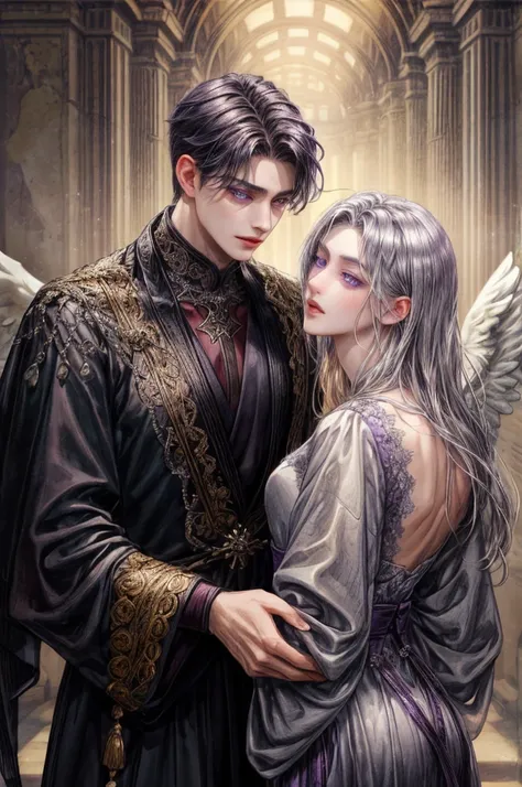 (Two men) males, A man with dark medium hair, dark purple eyes, , have a dark wings, wear an ancient clothes, and wear a dark halo

And another man with blonde short hair, silver eyes long lashes, have angels wings, wear an ancient clothes and wear a angel...