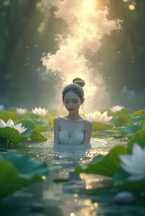 full body art , corner on the side.
There is a beautiful cloud rising from the water ,(Looks alive) pinkish-white lotus flowers, sequin lotus pattern, shimmering very spectacular. Glowing graphics, gentle eyes.,There is pure mercy. The cool shade  , bokeh,...