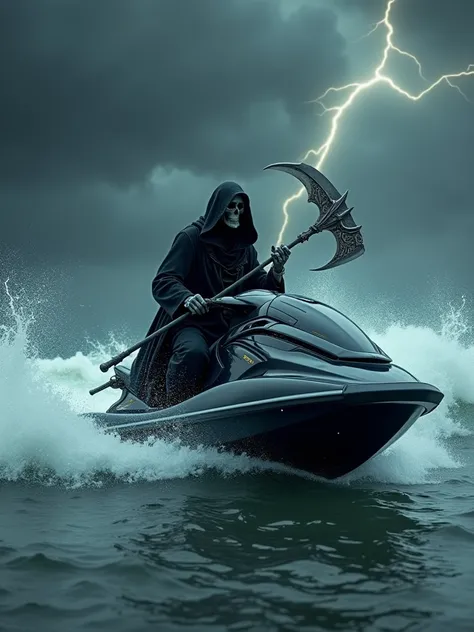 On a stormy ocean. Grim ripper on a jet sky. Arrival at shore. Background : black storm clouds, lightning.