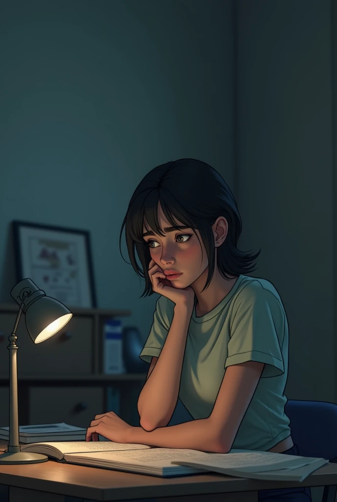 "Create an image of a young woman in her early twenties, with a thoughtful, slightly sad expression. She has a casual, neat appearance and is sitting alone in a softly lit, simple room with study materials scattered around. The lighting is dim, casting sha...