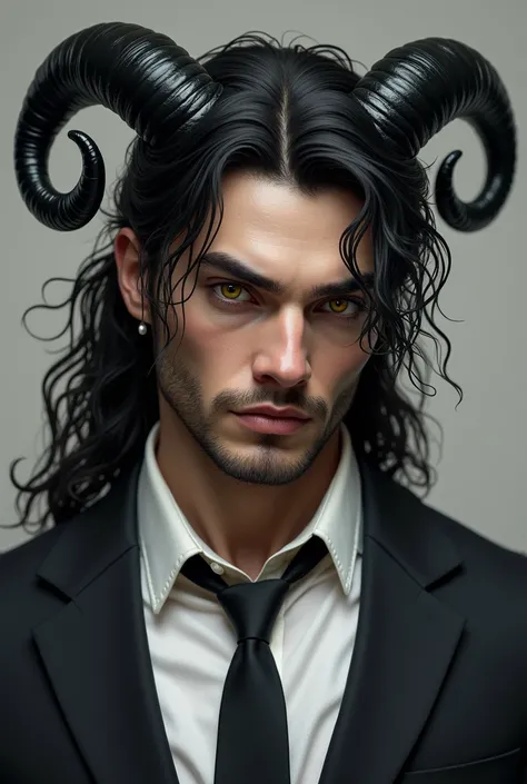 Tall, male, black long curved horns, yellow eyes, sharp facial featurs, not angry, wavy oily messy hair, masculine, lean, friendly, wearing a suit, long black hair, humanoid, dominant, pale skin, close up picture, realistic