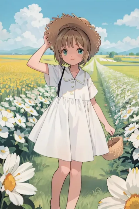  high resolution background , Beautiful background , cute,A flower field,  white camisole dress,Chestnut Hair, short bob hair,barefoot,green eyes, white straw hat ,smile