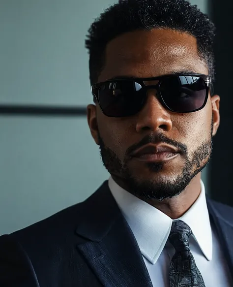 a man in a suit, wearing black sunglasses, african american man, close up portrait, detailed facial features, sharp focus, dramatic lighting, cinematic composition, high contrast, moody atmosphere, photorealistic, (best quality,4k,8k,highres,masterpiece:1....