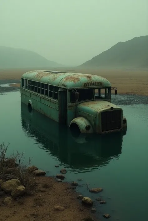 Bus submerged in the water in the deserted place creepy