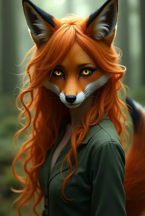 a woman, Furry raposa, fox ears, fox tail, muzzle, moustache, orange hair, yellow eyes, vertical pupils,  high resolution image, 8k, FIRST WORK