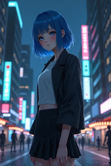 1 woman, Black_skirt, Blue_ hair , building, city, cityscape,  hair _between_eye, jacket,  _~to_viewer, medium_ hair , Looking for multi-colored _ hair ,  Looking for multiple _Boys, night, Close _ Shoulder, outdoors, ple~toed_skirt, road name, shirt, skir...