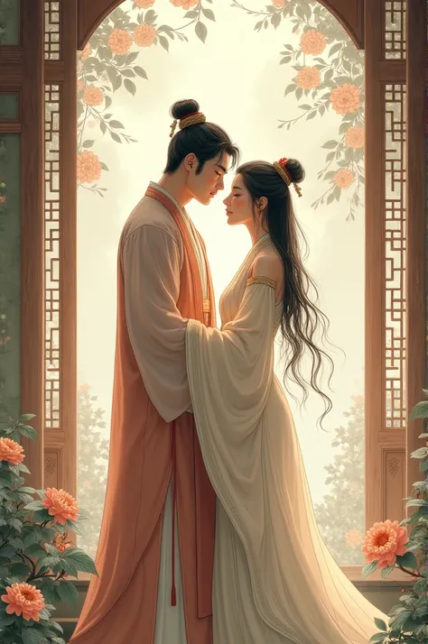 Anime drawing. Vintage Chinese handsome man wearing Han Fu dress standing in love with each other