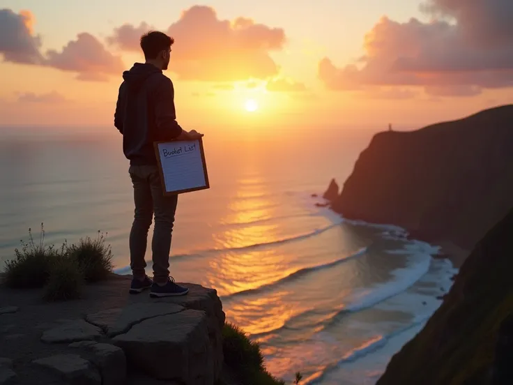 An inspiring image of a person standing at the edge of a cliff, overlooking a breathtaking sunset over a vast ocean, holding a notepad with a bucket list written on it. The person looks hopeful and determined, with a sense of adventure in the air. The sky ...