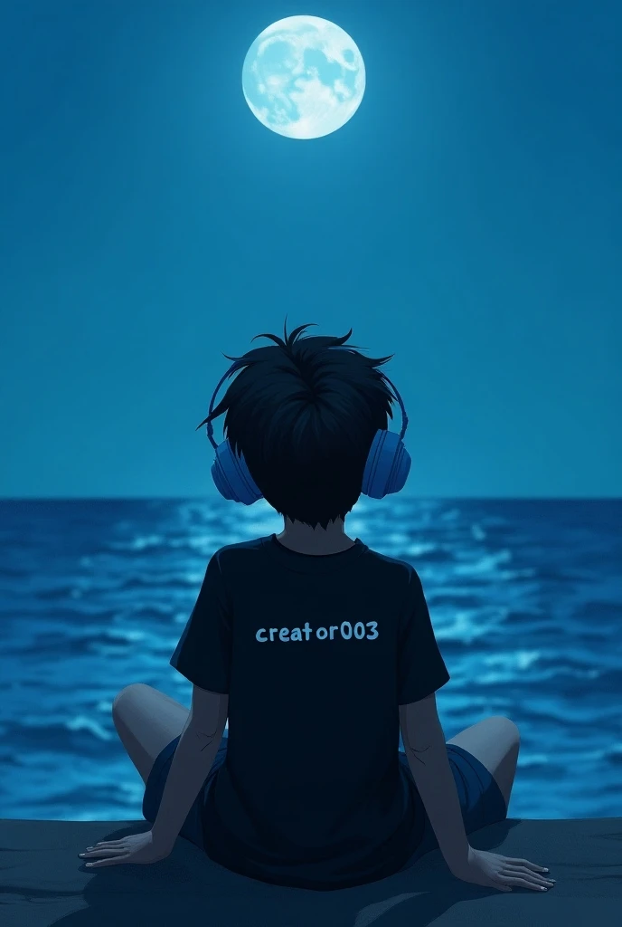 A boy with light blue head phone while sitting beside a ocean and staring at moon with the word behind his black shirt (creator003) on it in white colour 