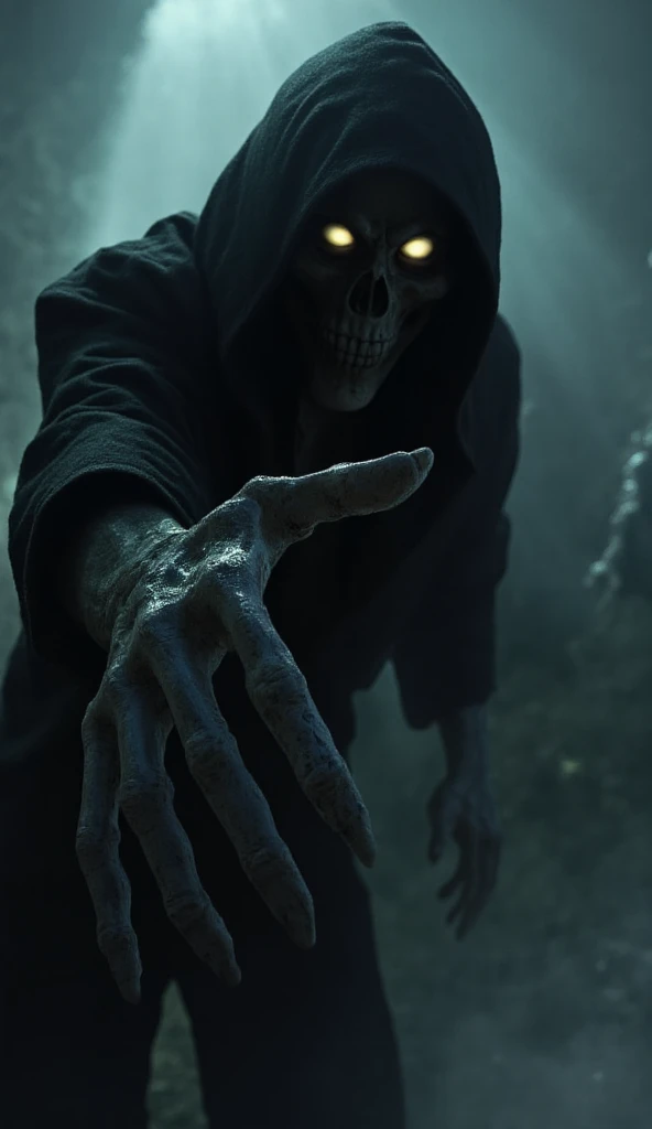 A dark, shadowy figure looming close to the viewer, with a skeletal hand outstretched, reaching towards them with icy intent. The figure has hollow, piercing eyes that seem lifeless yet fixated, and a twisted, sinister grin as it presses its hand toward th...