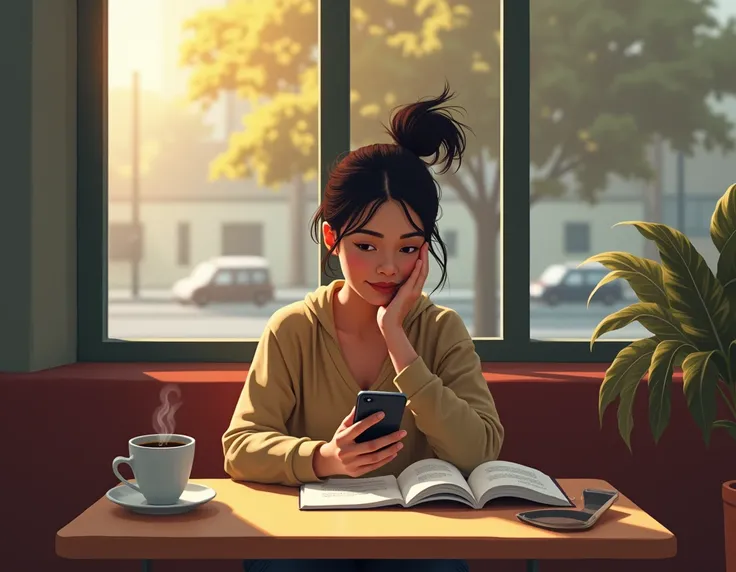 A calm, introspective scene showing a person sitting alone at a cozy coffee shop table, looking thoughtfully at their phone. Around them, subtle symbolic elements represent common red flags, like a spilled coffee cup (representing chaos), a phone with miss...