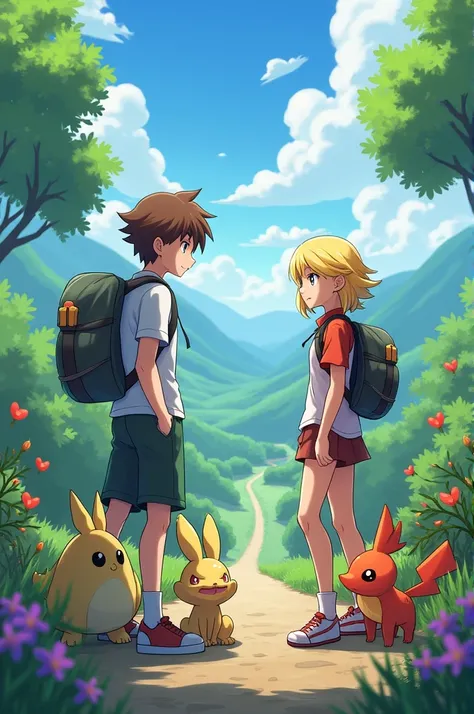  Pokémon Trainers male with brown and short hair, woman with short wavy blonde hair 