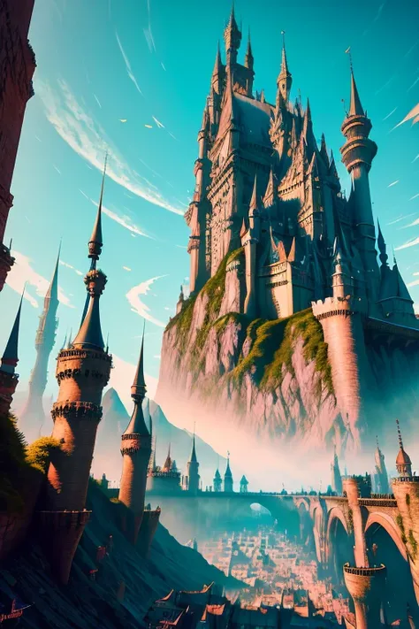  Photo taken from a tunnel looking at the castle 、 Stylish Urban Fantasy Art ,  Magnificent Castle with High Spires, Beautiful fairy tale depiction , Magic Castle, Castle in Another Planet ,  Cyberpunk Castle ,  Inspired by Andreas Rocha,  Stylish Urban Fa...