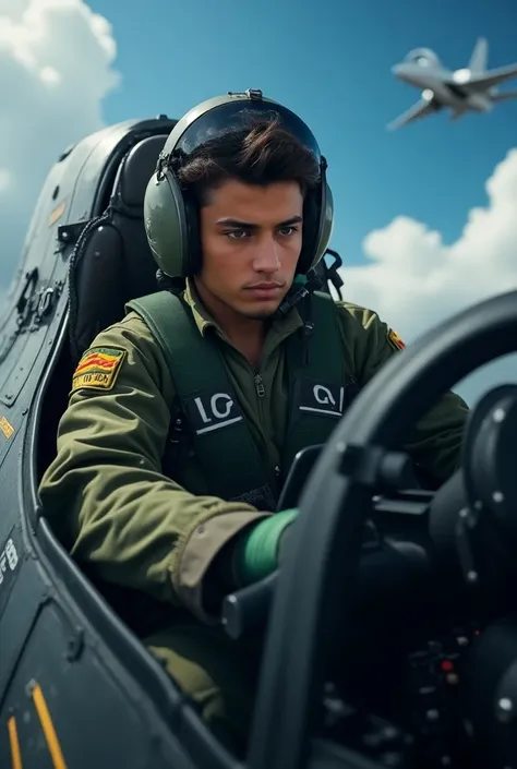 A 23-year-old Brazilian man with fair skin is seated inside a fighter jet cockpit, wearing a green pilot uniform and a helmet with an oxygen mask. The background shows an intense aerial battle scene with a blue sky and a beautiful, realistic view. The cock...