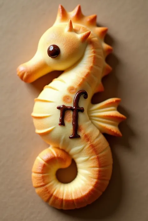 Make a cute, simple-shaped bread with a seahorse shape and brown chocolate eyes with the letter NF 