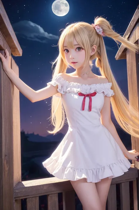  Anime Beautiful Girl、Character portrait、 Blonde Long Twin Tails、 Moon Hair Ornament、ruffle miniskirt dress、