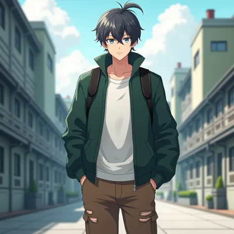 Make the anime-style image of a white-skinned young man ,  dark gray hair tied in a small tall ponytail , white-eyed.  Wear him with an open dark green sweater ,  with a white t-shirt underneath and brown pants with ripped , in addition to black boots .  H...