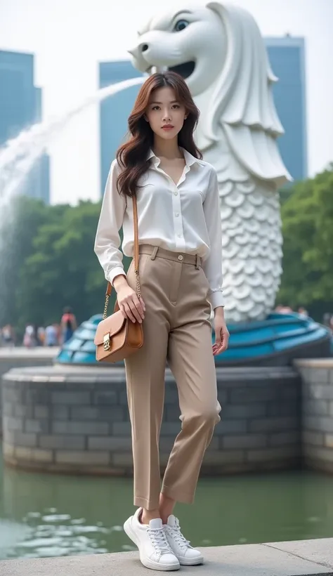 photo realism 2.1  of  beauty tall korean woman with medium breast ,wearing formal casual outfitt,long troussee and white sneaker,with a woman bag on back with the background of the Singapore Merlion tourist spot. ultrahd+, realistic, looks authentic, Real...