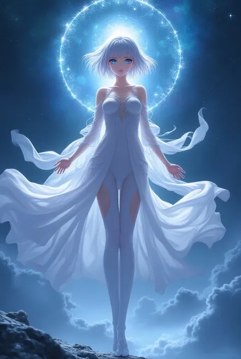 Anime, Rei Ayanami, cosmic enchantress, glowing sclera, hypnotic eyes, ultra detailed, top to bottom, fullbody