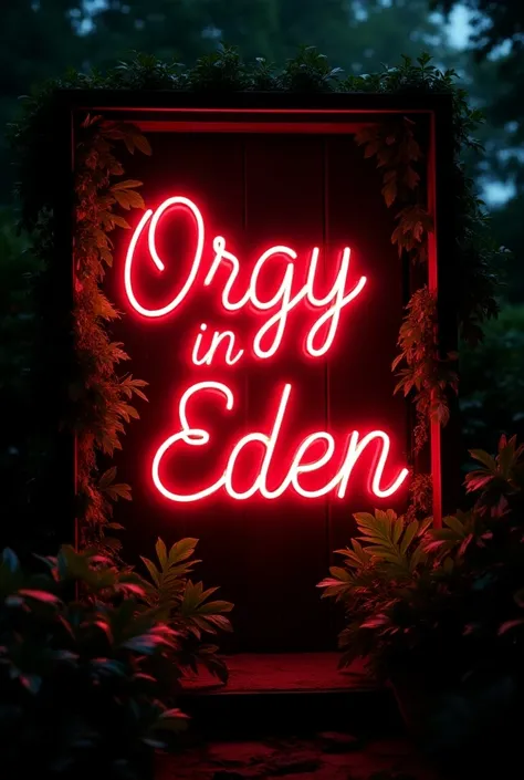 Sign that says Orgy in Eden in Neon cursive 