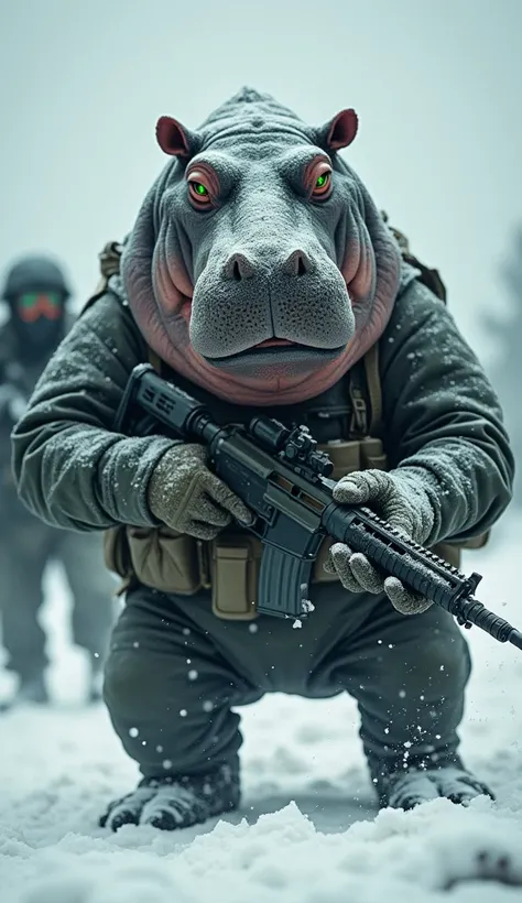 image shows a close-up of a hippopotamus wearing a military uniform and holding a rifle. The hippo is standing in a snowy landscape with two soldiers in the background. The soldier on the left is wearing a helmet and carrying a rifle, while the one on the ...