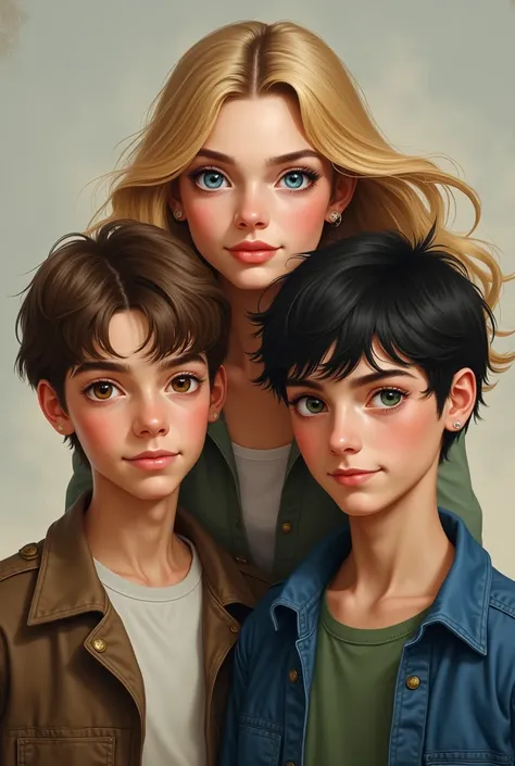 3 brothers .  The older sister has blond hair and blue eyes. The middle brother has brown hair with blue eyes .  The younger brother has black hair with green eyes. 