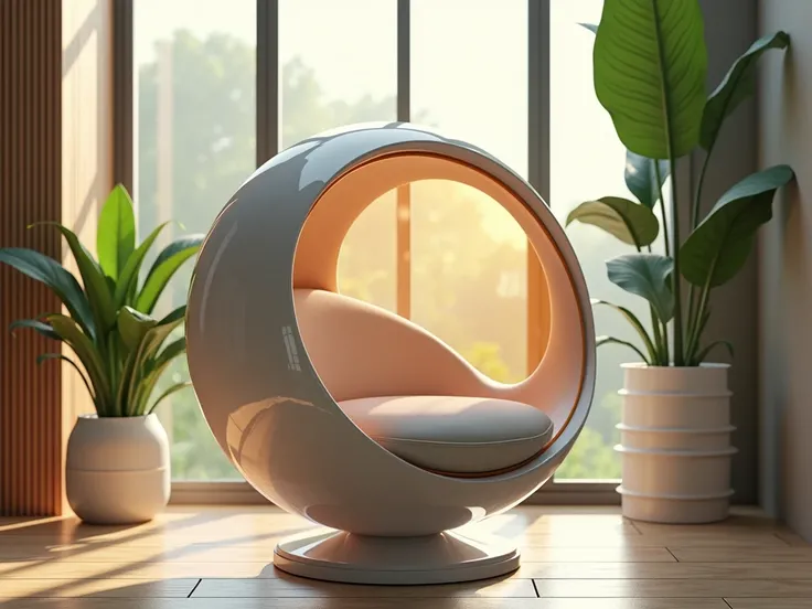 futuristic sci-fi pod chair, Flat Design, Product-View, editorial photography, transparent orb, product photography, natural lighting, plants, natural daytime lighting, zbrush, 8k, natural wooden environment