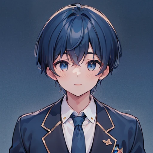 ((Upper body close-up,  face up,  looking at the camera)), Solo Shot, ((1 Male:1.5)), ((smile:1.3)),  handsome, The role of Tsukkomi,  high school students,  tall, (( dark blue hair :1.5)), Short Hair, Mash Hair, (refreshing), Blue Eyes, ((black blazer uni...