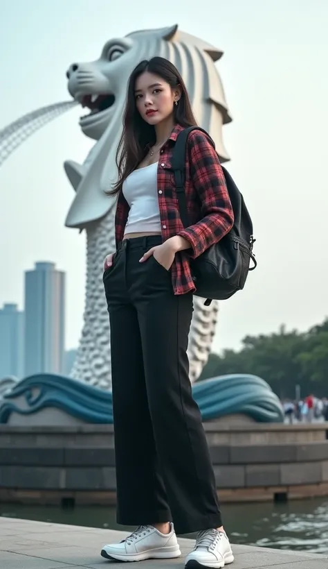 photo realism 2.1  of  beauty tall korean woman with bigest breast ,wearing flanel casual outfitt,long black troussee and white sneaker,with a woman bag on back with the background of the Singapore Merlion tourist spot. ultrahd+, realistic, looks authentic...