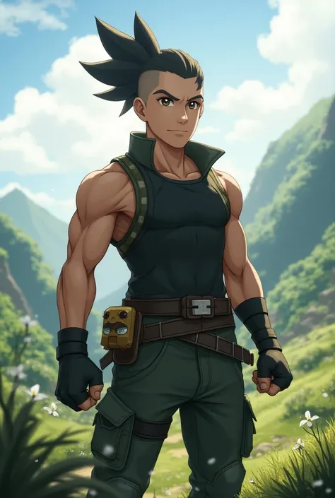 Male Pokémon trainer with shaved hair on one side and brown full body
