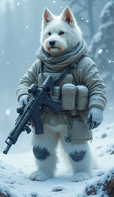 Anthropomorphic West Highland White Terrier soldier, heavily armed and covered in frost, standing amidst a blizzard, stoic and resolute expression], [Digital painting, photorealistic with a focus on texture and detail], [Reference to military photography a...