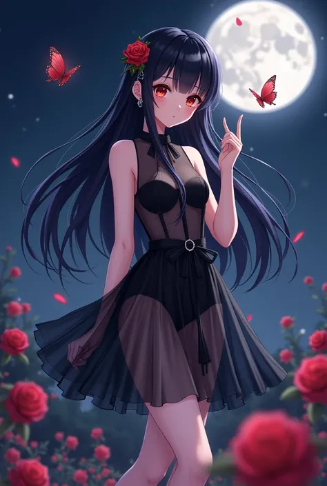 A woman with black hair, long hair, red eyes, black see-through sleeveless dress that goes down to the ankles, night scenery with the moon visible, rose hairpin, butterfly, rose, cartoon character, full body