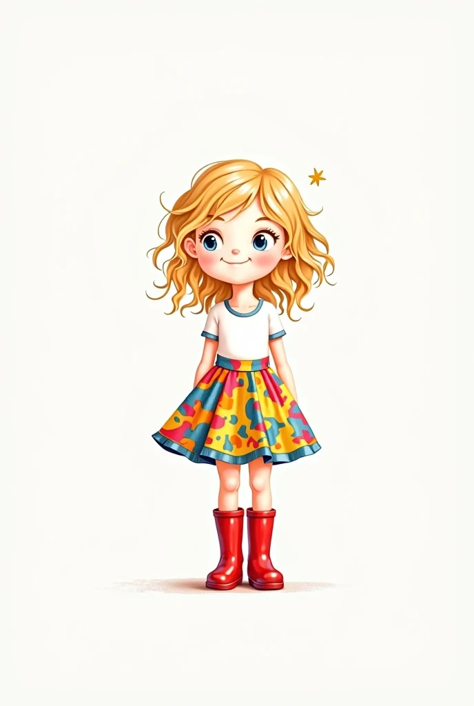 Generate an minimalist simple illustration of an  girl with dark blond curly hair. The girl should be wearing a colorful skirt and red rain boots. The illustration should have a soft and detailed style, as if it were created with colored pencils. The backg...