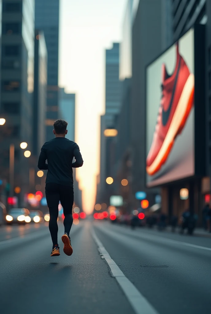 Generate a high-resolution video scene of a man running in the early morning on a modern city road. The setting captures the calm, cool tones of dawn, with tall buildings and city lights beginning to fade as daylight emerges. The man, dressed in athletic g...