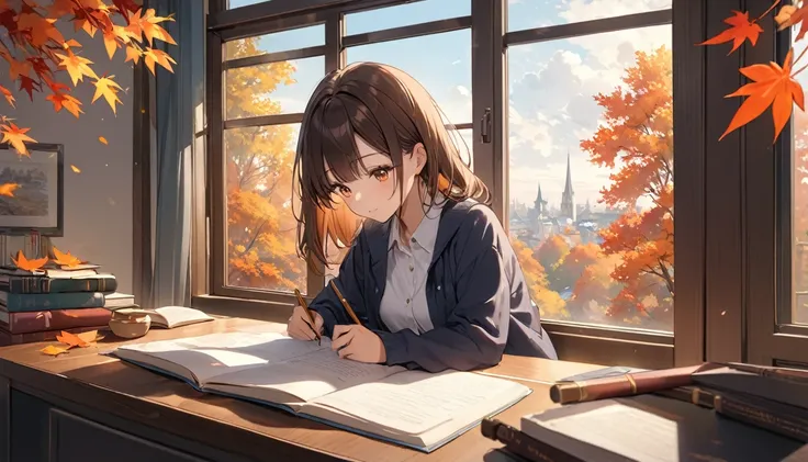 Best Quality,Girl studying ,In front of a large window,Autumn leaves outside the window,autumn