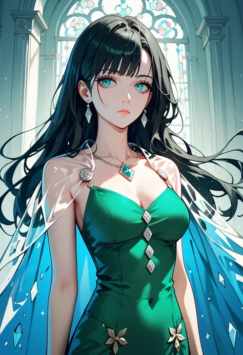 masterpiece, best quality, highres, absurdres, anime, anime style, straight hair, black hair, long hair, spikey fringe, mature, expressionless, blue eyes, sharp eyes, pale skin, medium breasts, slim figure, diamond button, green cape, transparent cape, sho...