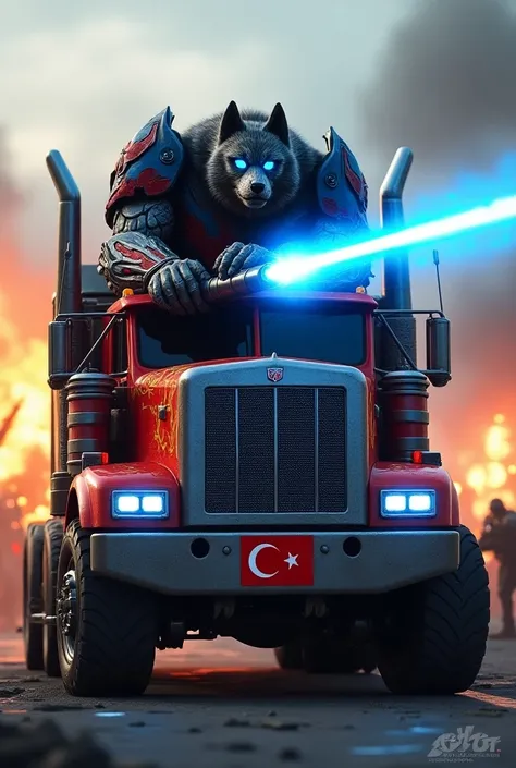  An Autobots truck from the Transformers painted with red blue paint and flames on the sides .  A big gray angry wolf puppy sits on the truck with a huge large caliber laser gun and shoots the way.  In the background there are explosions and flames . In th...