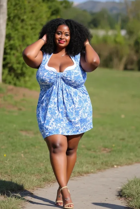 Super curvy figure, plus size Sri Lankan 25-years-old supermodel, stunning face, curly hair, blue and white floral satin babydoll mini frock with garters and matching high heels , hands raised and rested on her hair, outdoors, standing pose, big chest , ou...