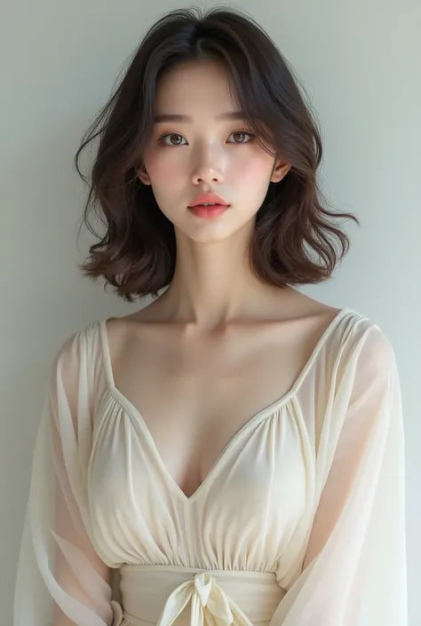 A korean girl with wavy brown hair , blue big eye, long face with 1:618 ratio , v shape waist, small lip and ear, perfect nack and breast, smooth body posture, long leg,very realistic full body image