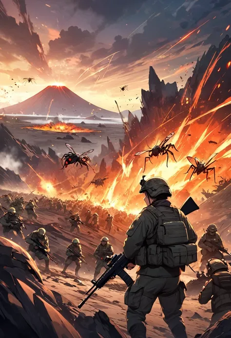 male and female future soldier wearing battle uniform, holding rifle, attack horde of creature insect, barren land of volcanic island, gun blazing, flare in the sky, a view of battle scene.
