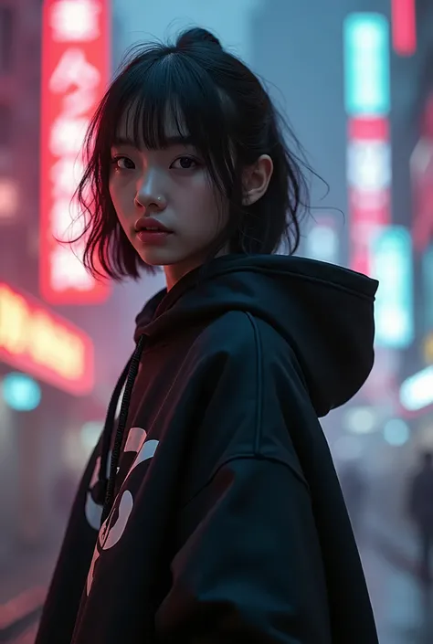 masterpiece, 4k wallpaper, masterpiece sci-fi cyberpunk city, Fantasy Sci-Fi, Neon Illuminated Town , ( theme (  1 girl,  absolute face and body lighting techniques ,  Cyberpunk Town with Neon Glow Light Portals {x} Youth Stylist Oversized Hoodie Wear fash...